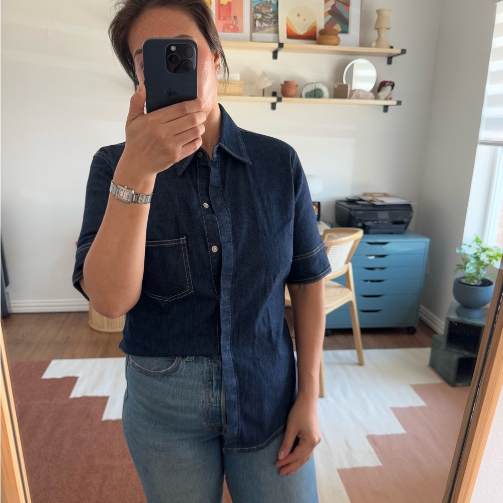 Gap Vintage Denim Cotton Blend Button Up Collar 3/4 Sleeve Jeans Blouse